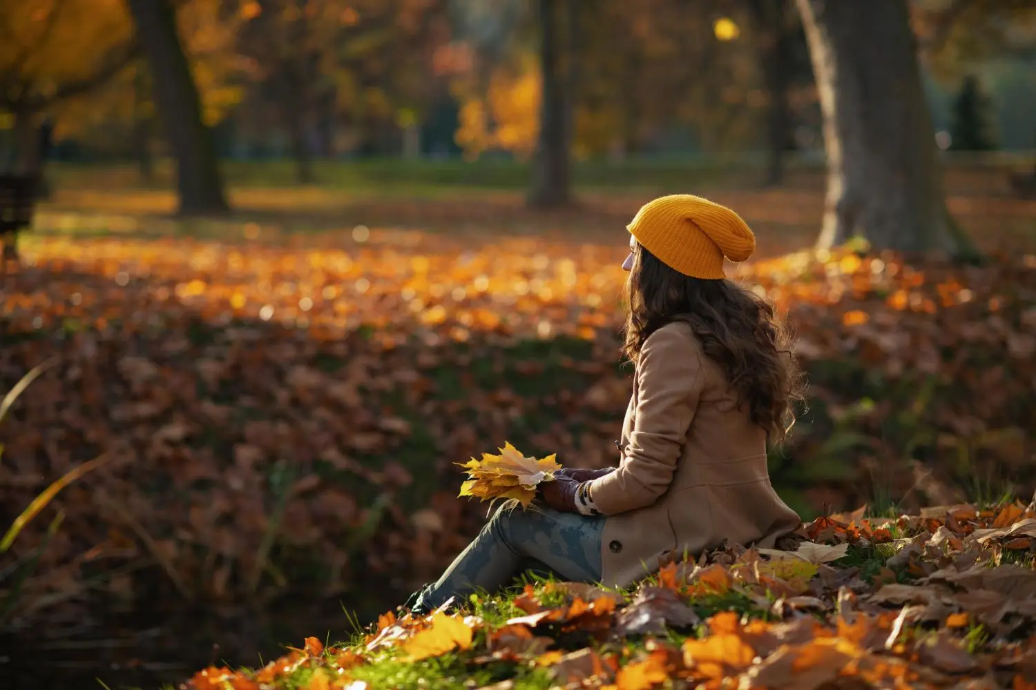 Deuil et santé, une personne seul assise dans la forêt admire le coucher du soleil